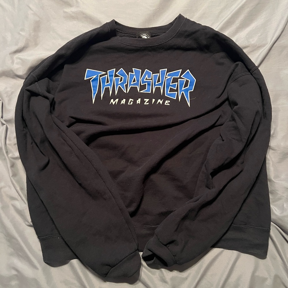 Thrasher Black Tee with Blue and White Logo